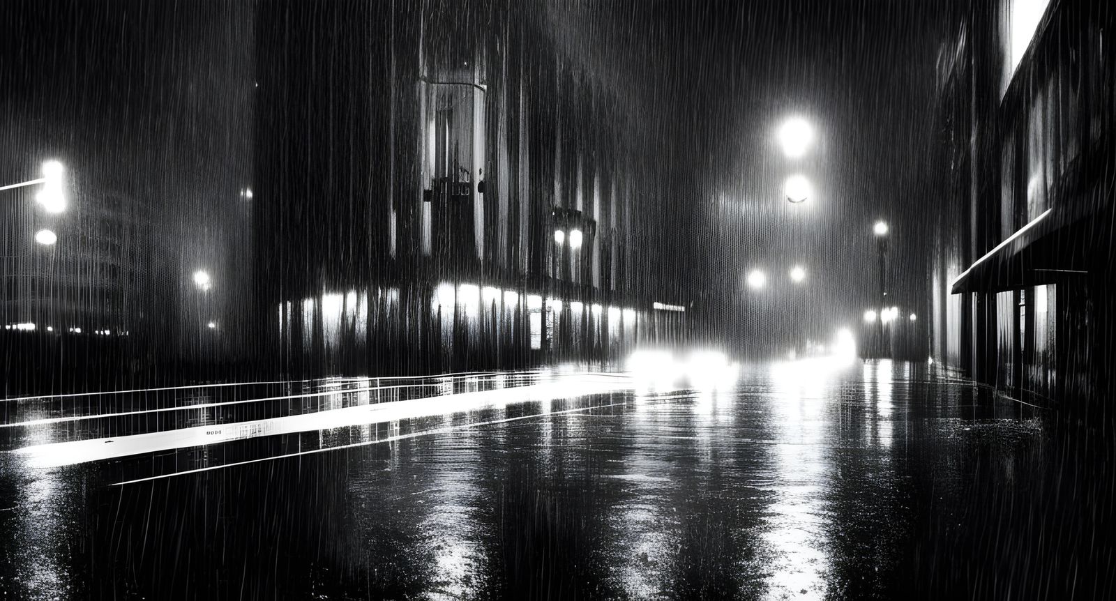 Moody Noir Cityscape in Rain at Night