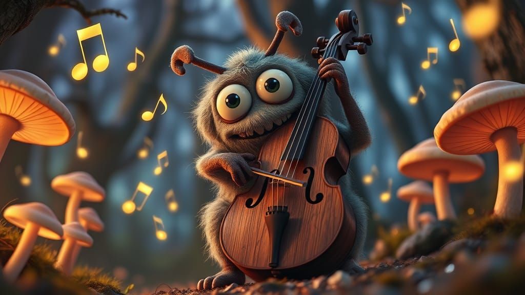 Whimsical Cello Monster Plays in a Glowing Mushroom Forest