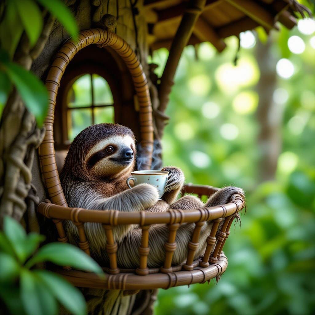 Cozy Sloth Sips Tea in Vibrant Treehouse