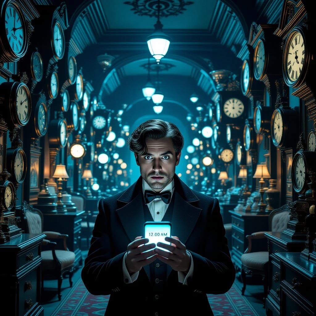Victorian Clock Room With Man Staring At Phone