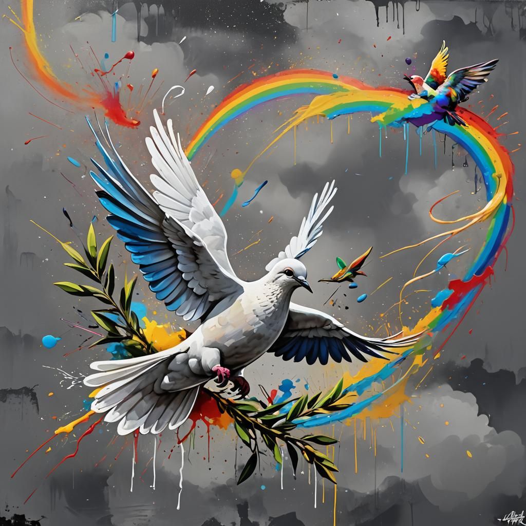 Dove flying with olive branch in it's mouth with a rainbow t...