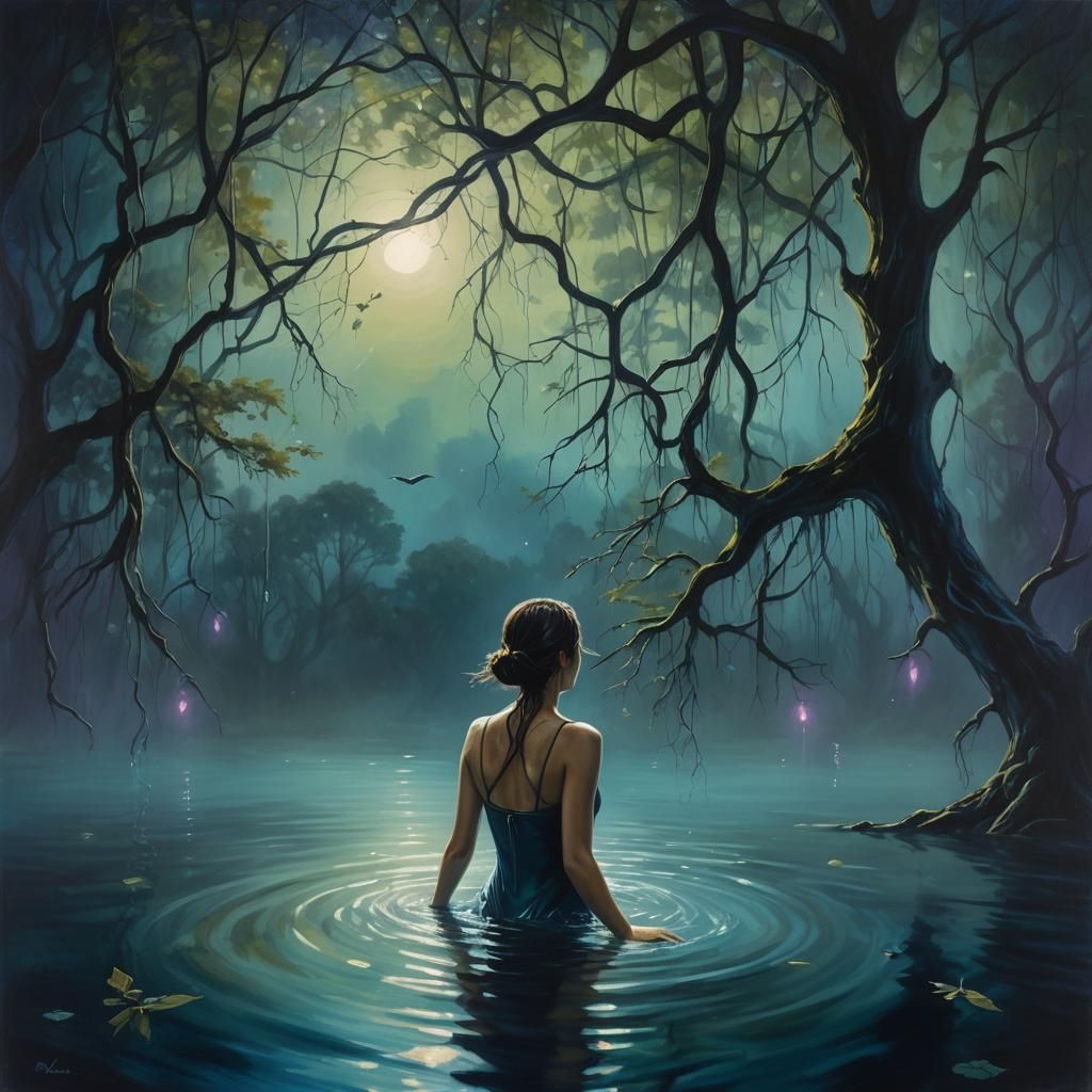 Mystical Midnight Lake: Woman Swimmer in Surreal Landscape