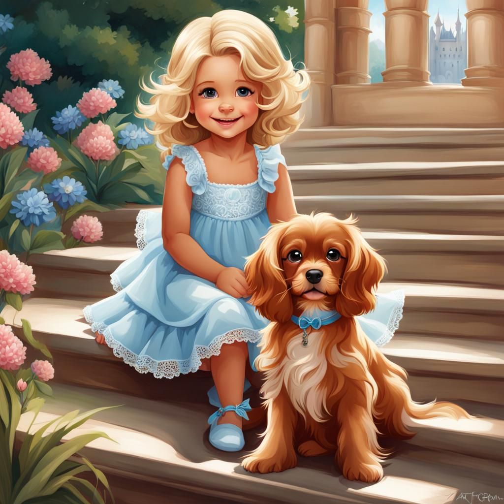 Girl with Cavalier King Charles Spaniel: Digital Art
