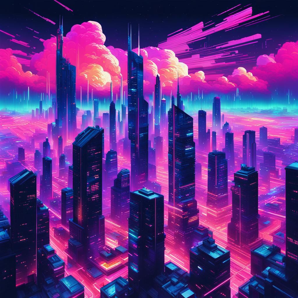 Glitched Futuristic Cityscape in Synthwave Neon Retro Style
