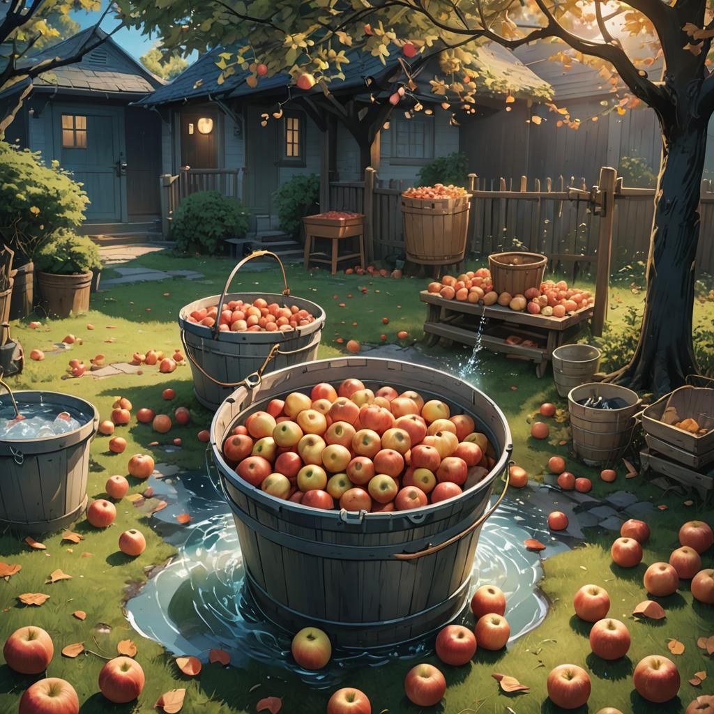 Halloween Bobbing Apples in Studio Ghibli Style
