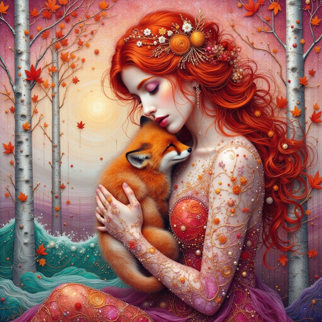 Fiery Red-Haired Woman in Maple Leaf Dress, Snuggling Red Fo...