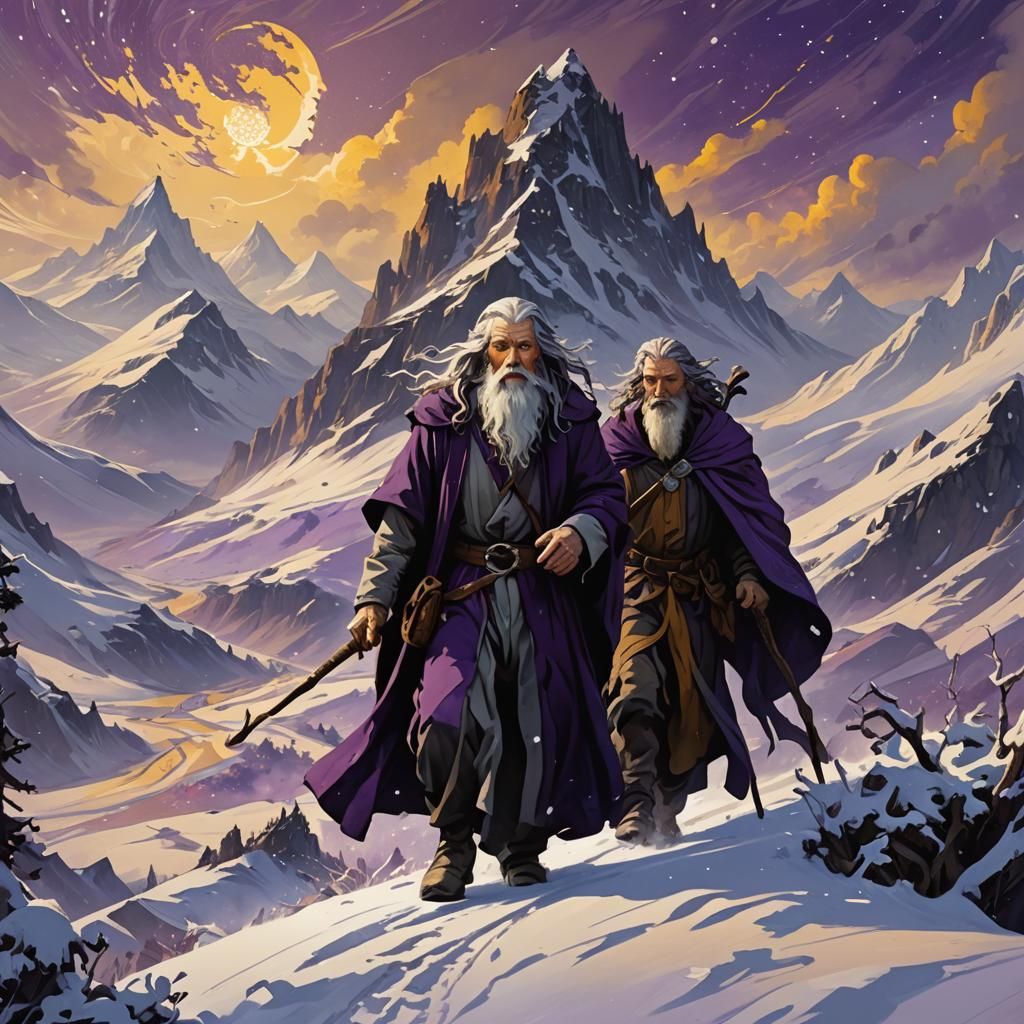 Dark Fantasy Wizard on Snow Mountain, Detailed Art