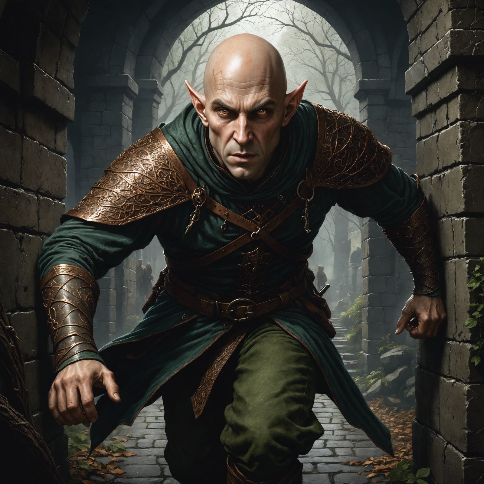 Bald Half-Elf Rogue in Copper Engraving Style