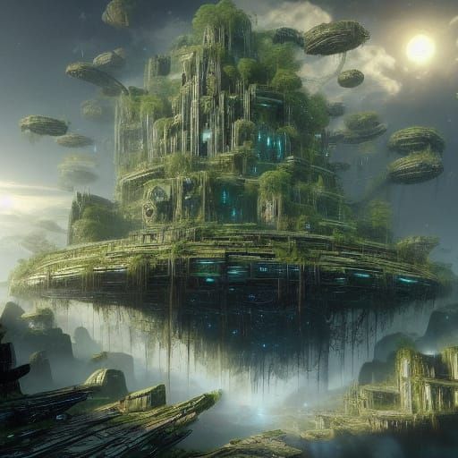 Abandoned Spaceship Amidst Jungle Ruins in a Dystopian Futur...