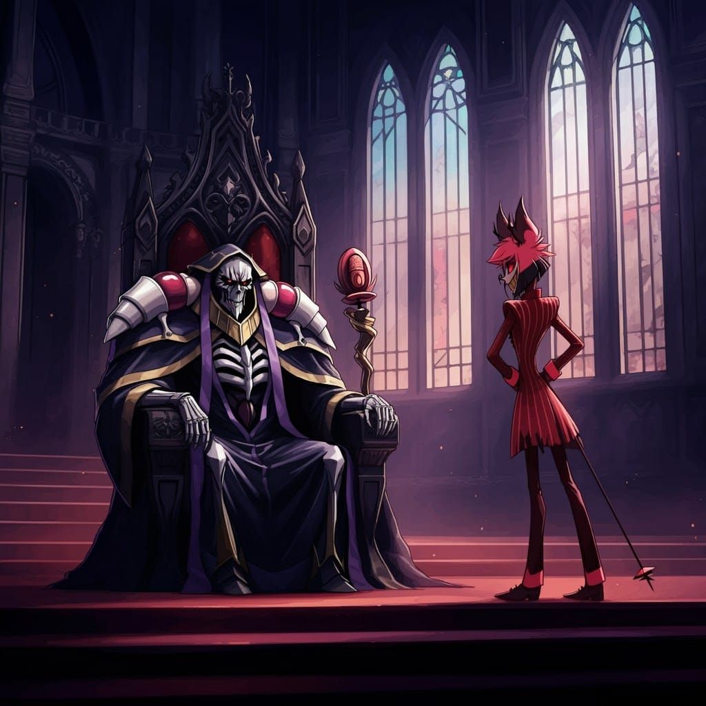Ainz Ooal Gown from Overlord, meeting with Alastor from Hazbin Hotel.