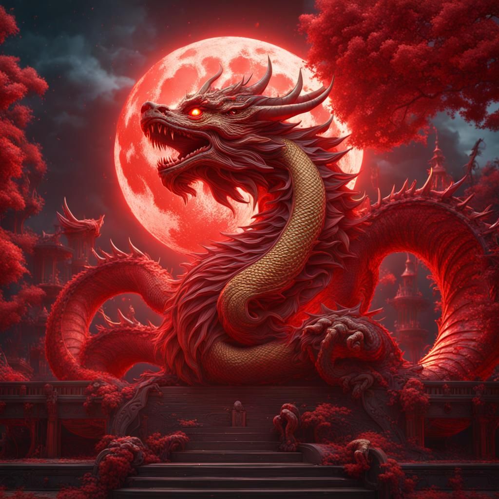 Bitcoin Gold Moon Red Dragon: Detailed Matte Painting