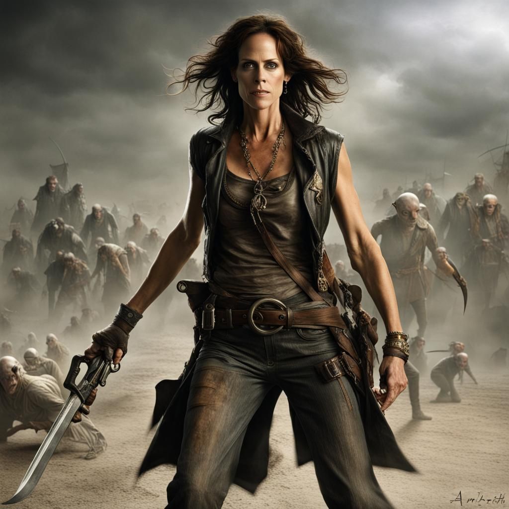 Pirate Woman Battles Alien Monster in Apocalyptic Scene