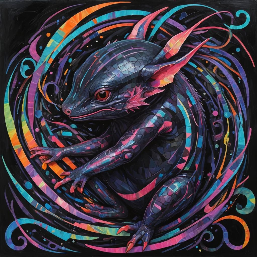 Neon Cubist Axolotl in Sorrowful Pose