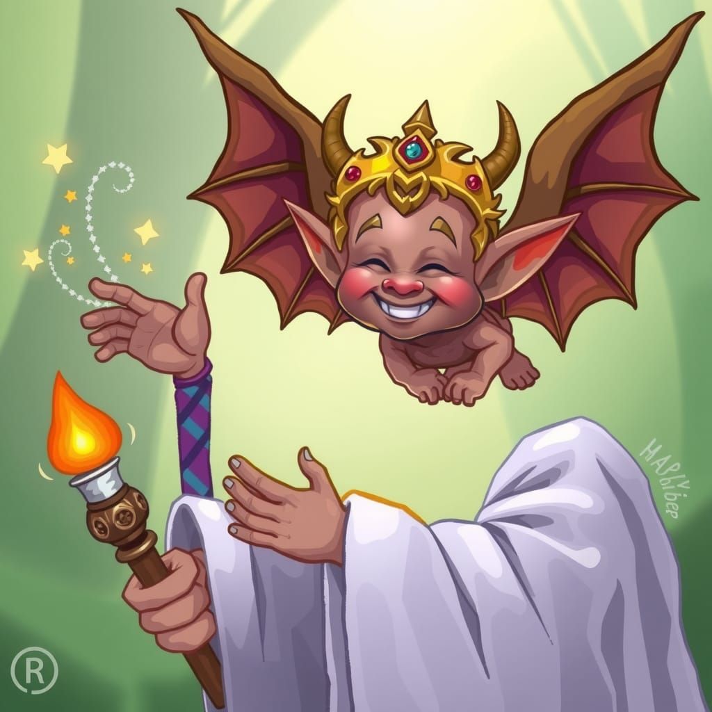 The winged imp flying near the wizard expresses gratitude, h...