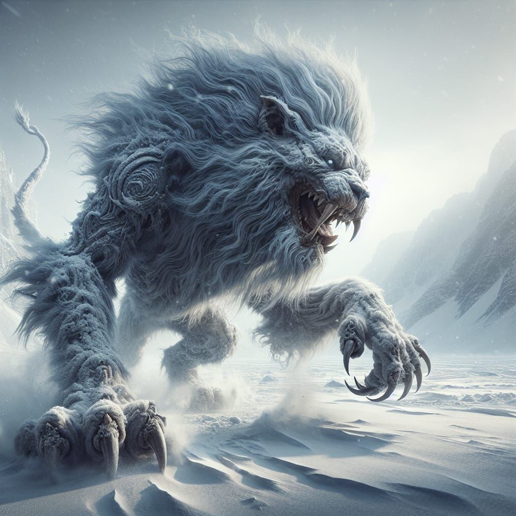 an enormous snow monster is standing on the ice, in the styl...