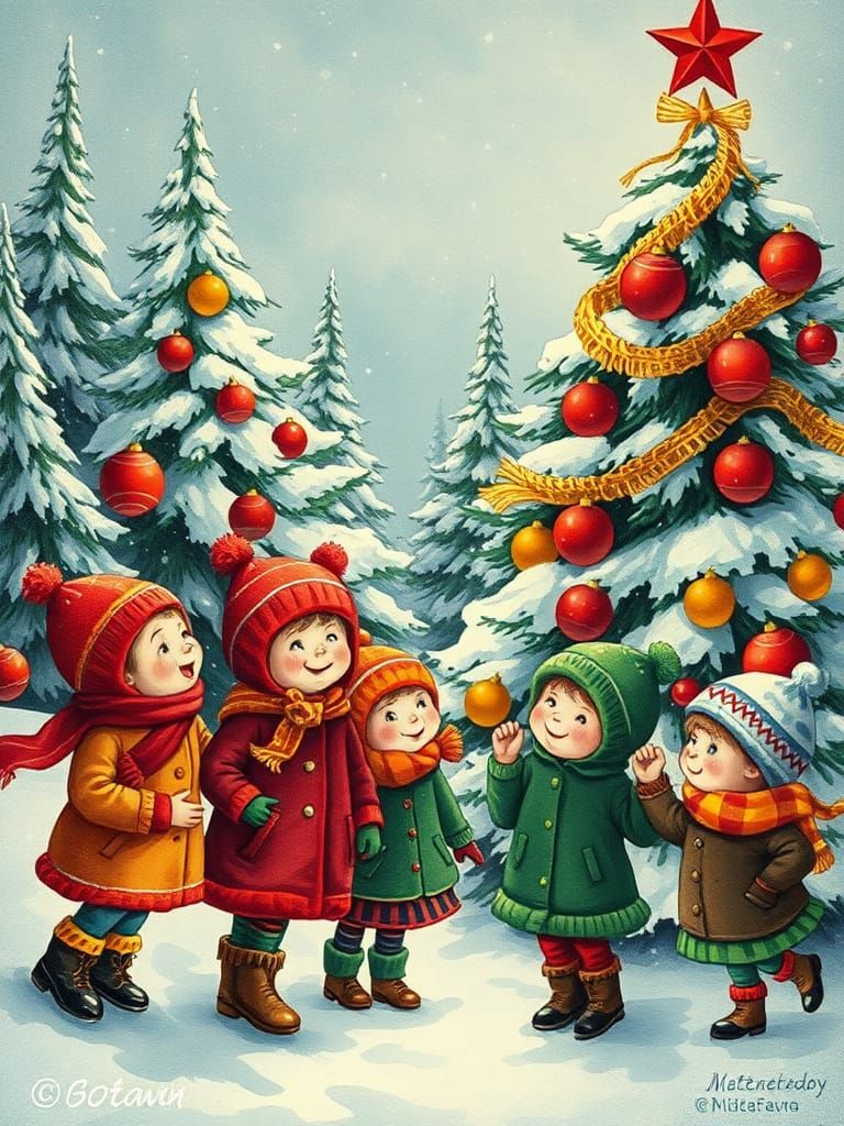 USSR Christmas Postcard Style Illustration of Winter Scene