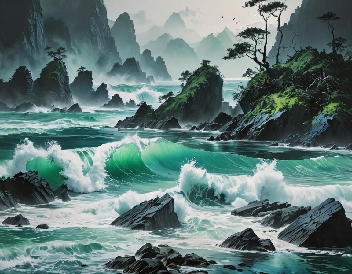 Crashing Tides and Tranquil Lake: Oil Painting