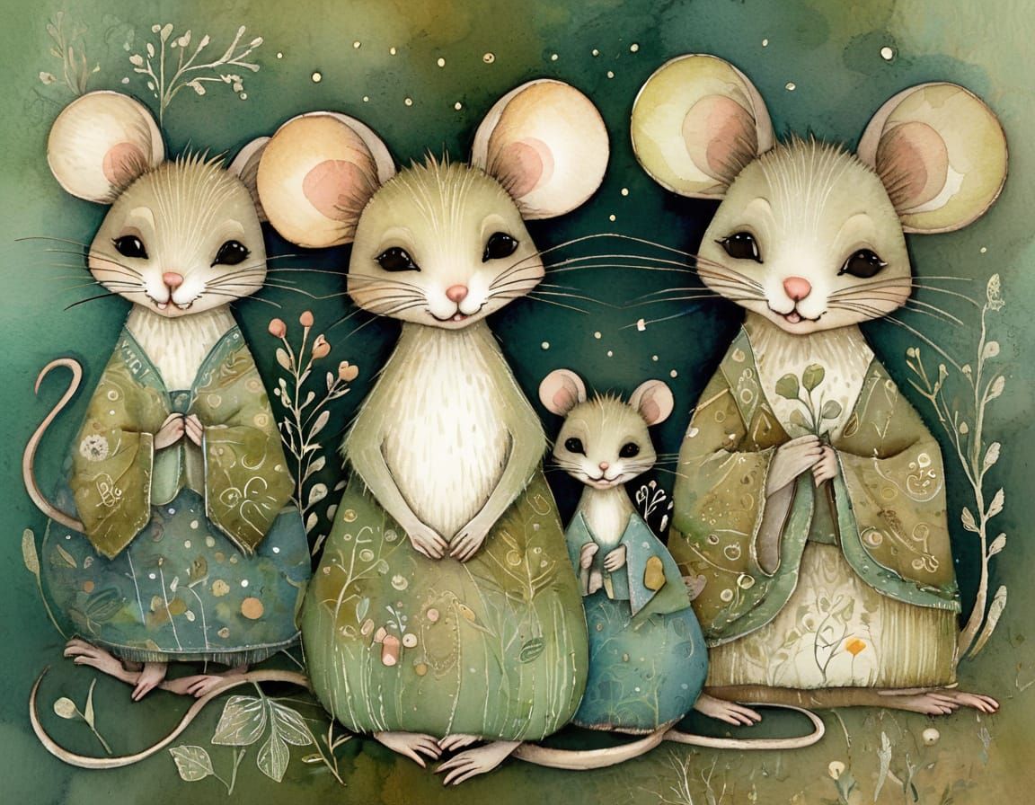 Shy Mouse Family in Cute Folk Art Style