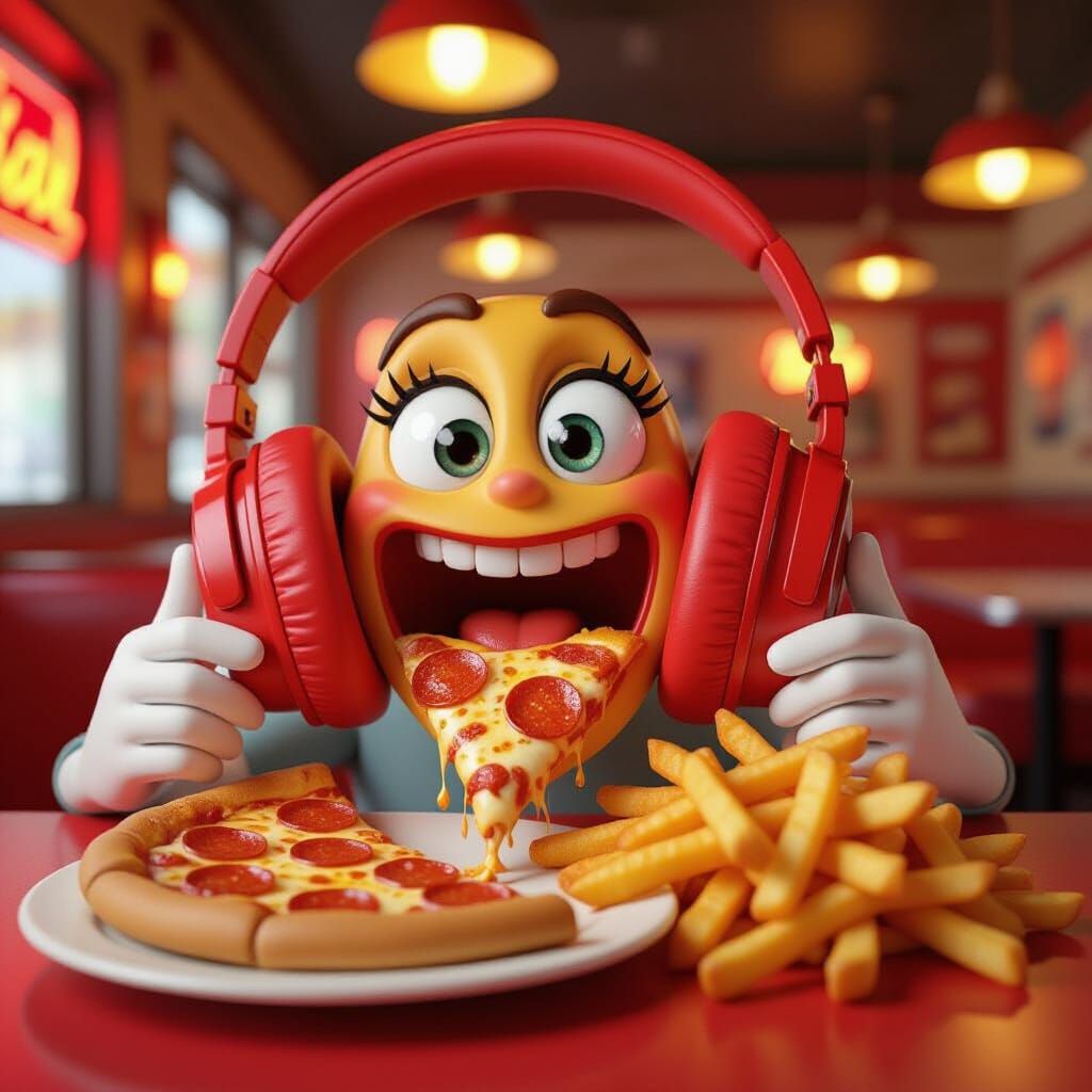 Anthropomorphic Headphones Enjoy Pizza and Fries in Diner