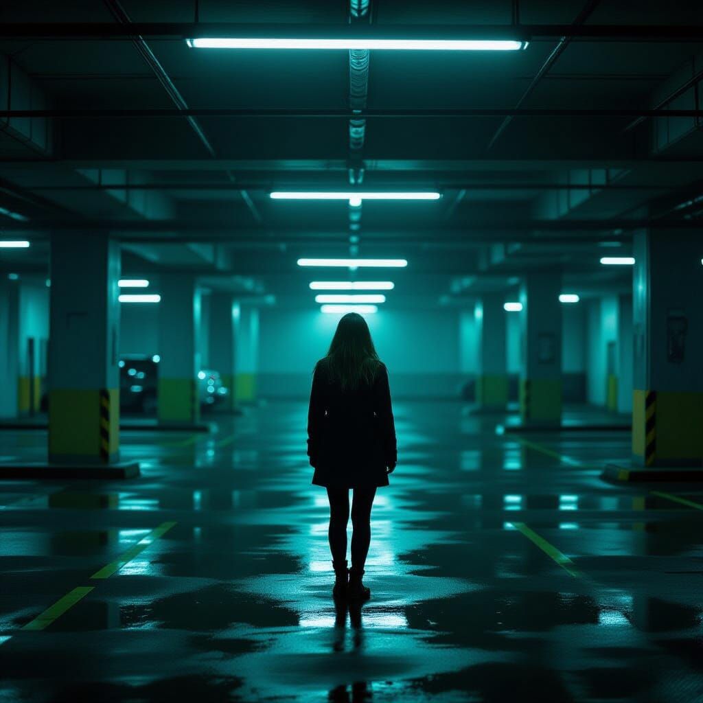 Eerie Green Lit Underground Parking Lot