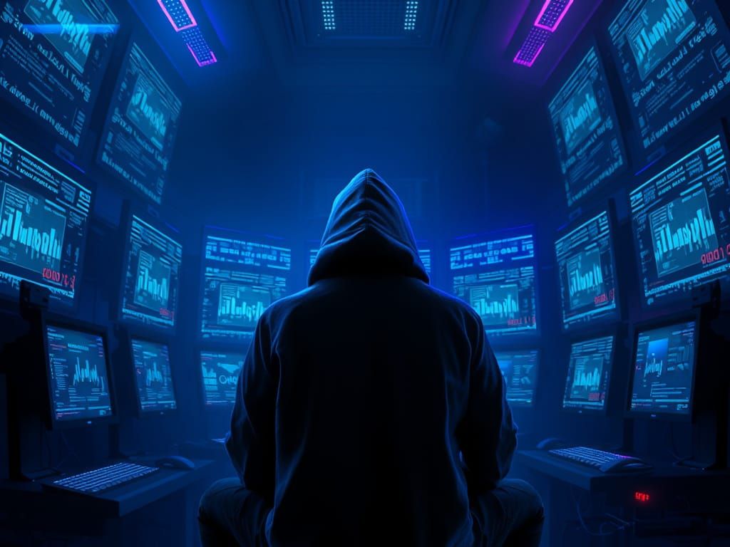Cyberpunk Figure Surrounded by Glowing Screens in a High-Tec...