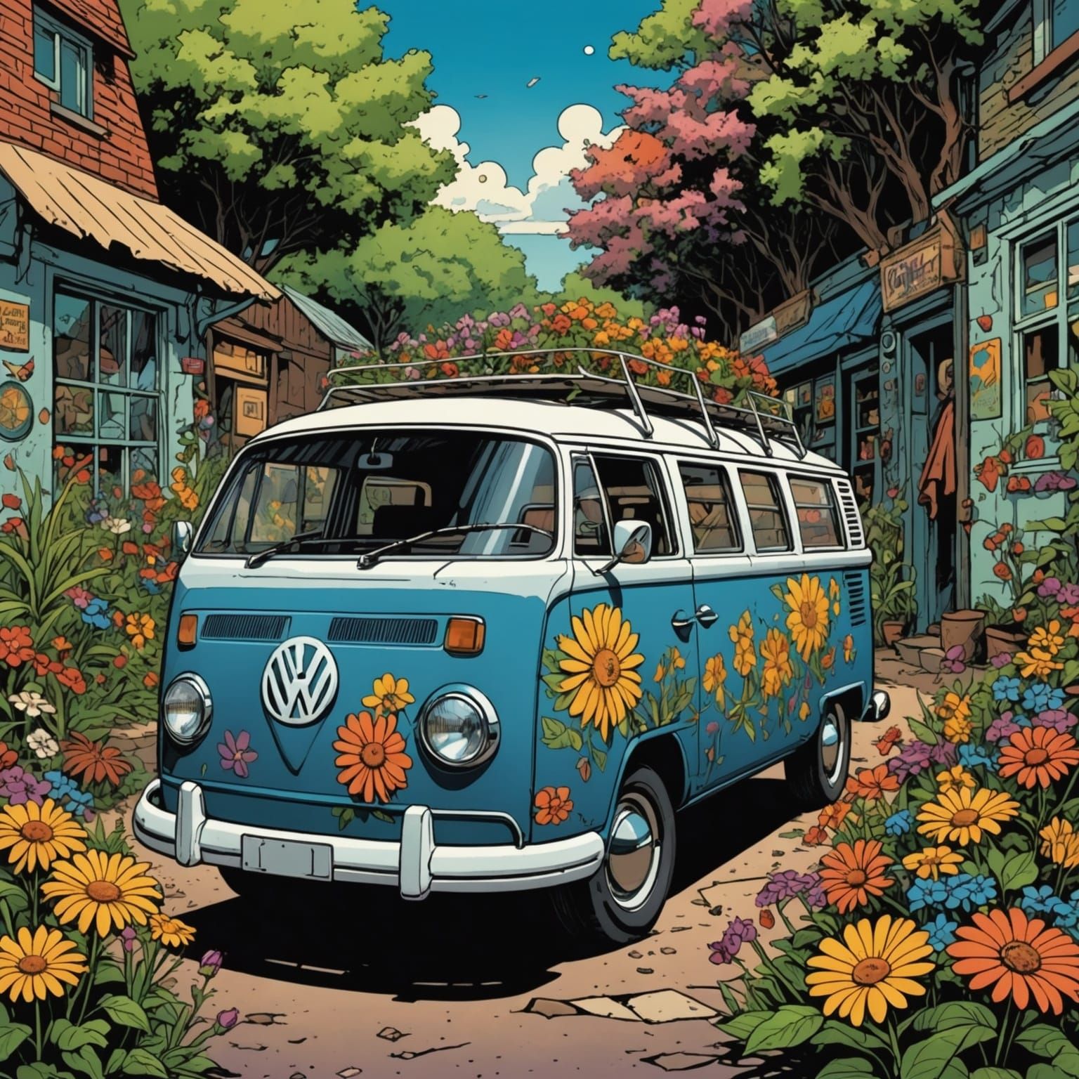 Hippie and Flower-Covered VW Van in Comic Style