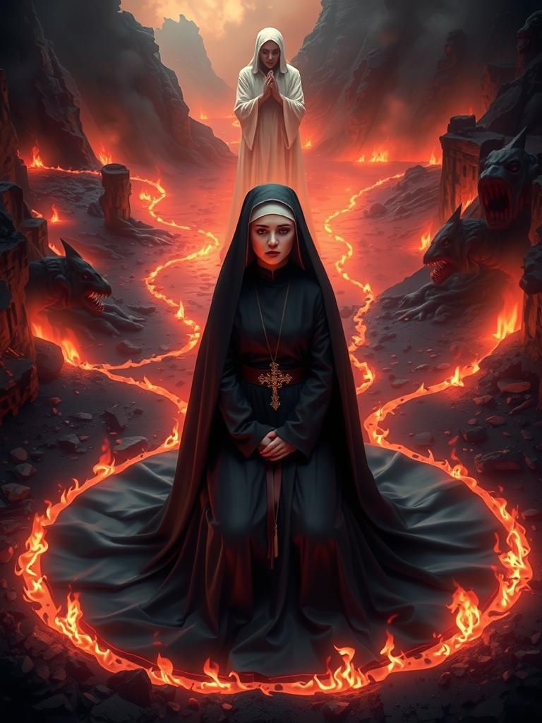 Nun's Desperate Prayer in Fiery Hellscape