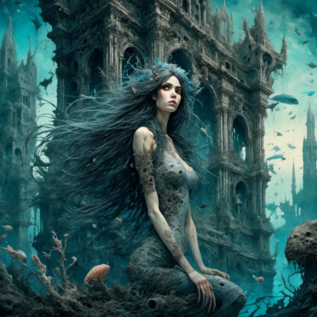 a dark goth mermaid, Atlantis in ruins, sea creatures, dark ...