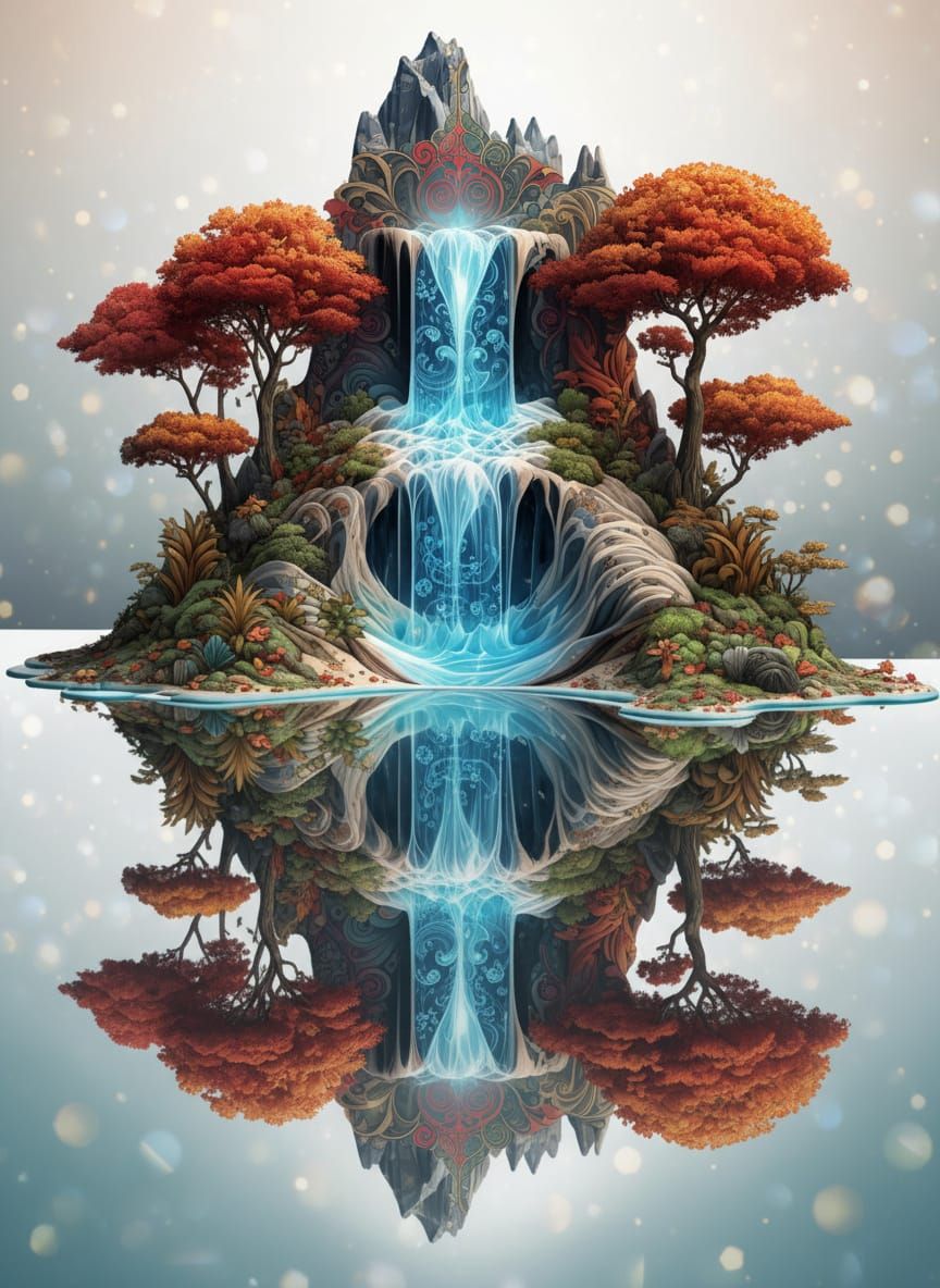 Autumn Island Waterfall Amidst Misty Landscape