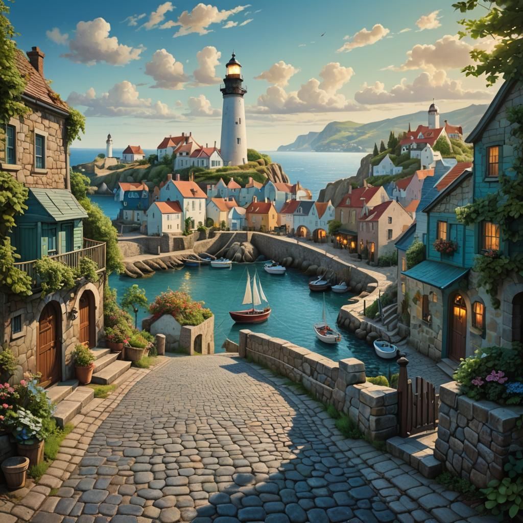 Whimsical Harbor Town in Matte Painting Style