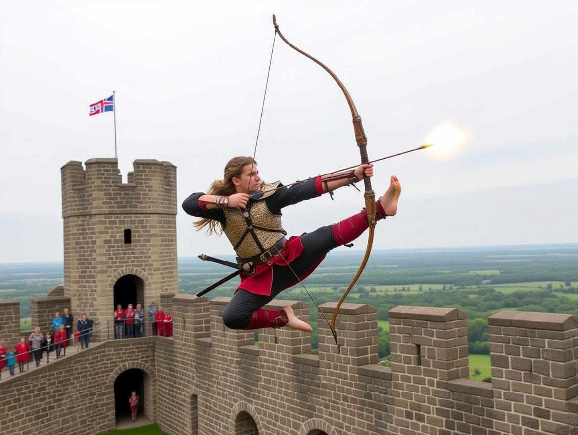 Acrobatic Archer Fires Bow with Feet in Battle