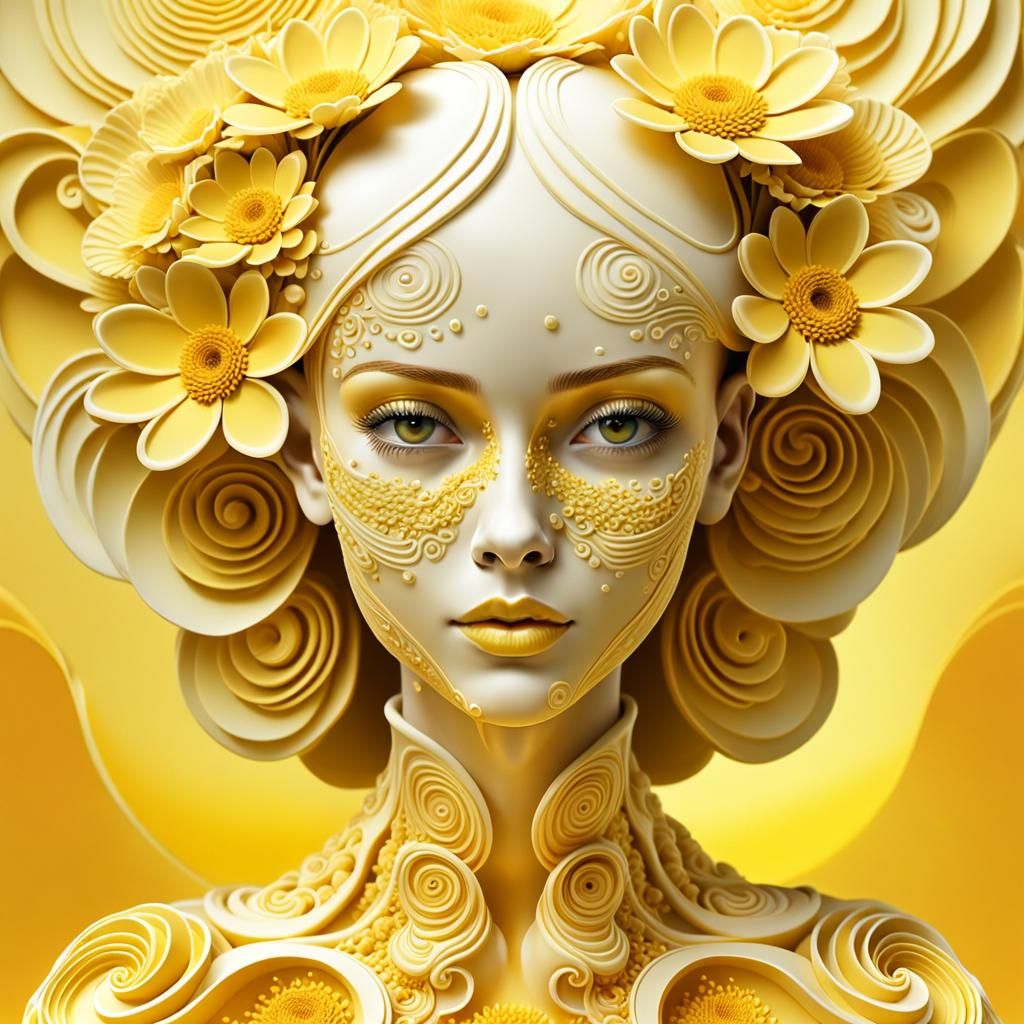 Radiant Yellow Woman in Spring Cake, 3D Render