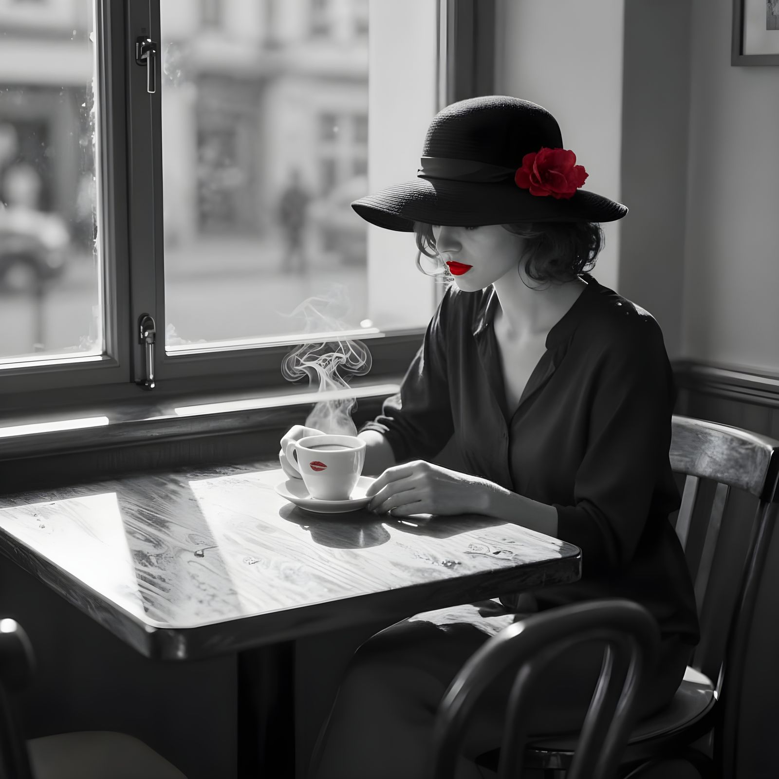 Woman in Sun-Dappled Cafe with Red Accents