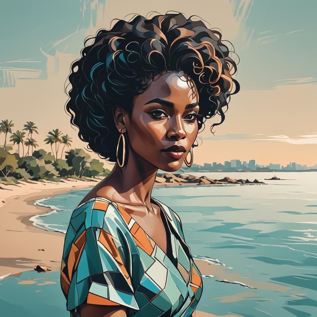 Cubist Portrait of Black Woman with Afro, Earthy Tones