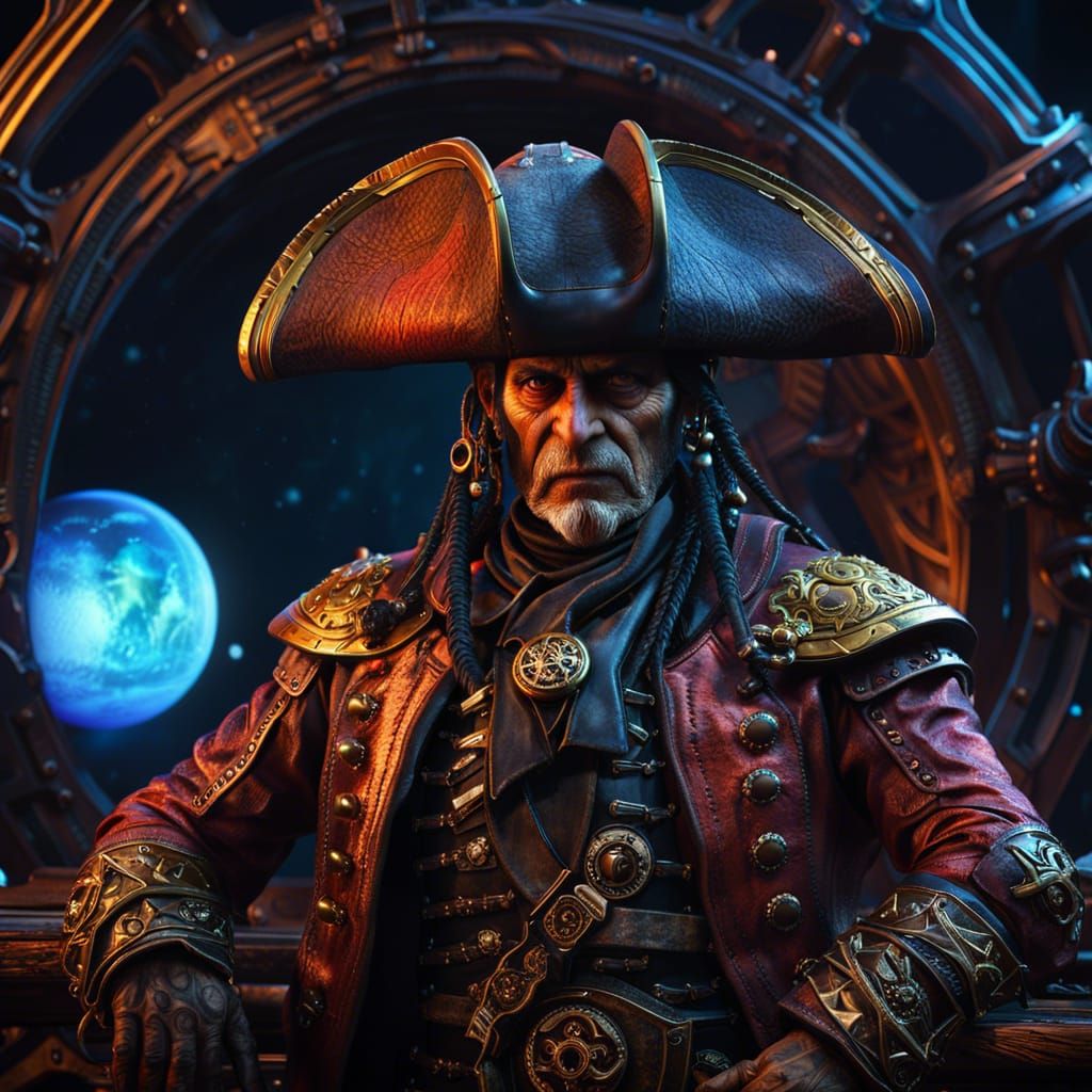 Fierce Pirate Captain on Spaceship Bridge