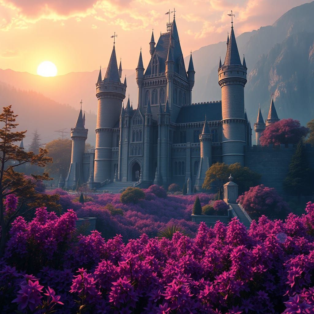 Fantastical Castle Garden in Vibrant Purple Hues