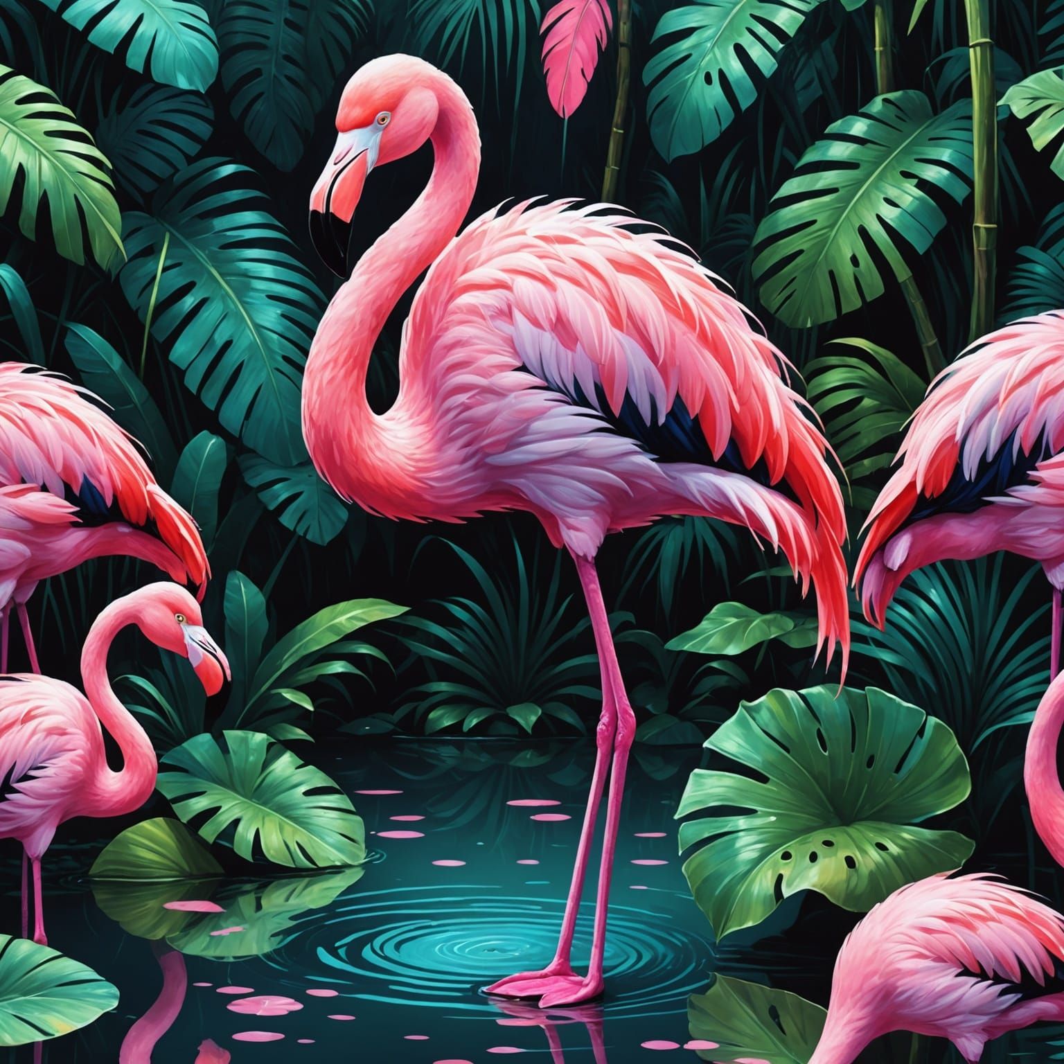 Bioluminescent Flamingo in Tropical Rainforest, Impasto Goua...