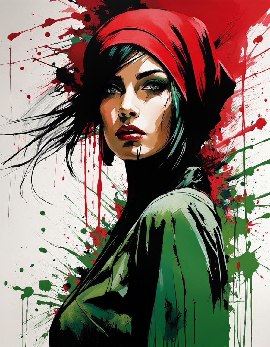 Palestinian Woman Portrait with Ink Splatter Effects