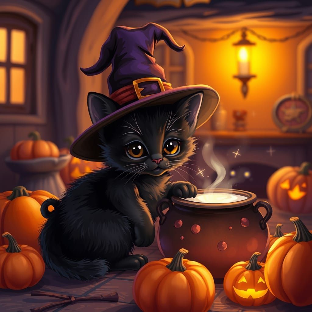 Cute Kitten in Witch Hat Beside Bubbling Cauldron