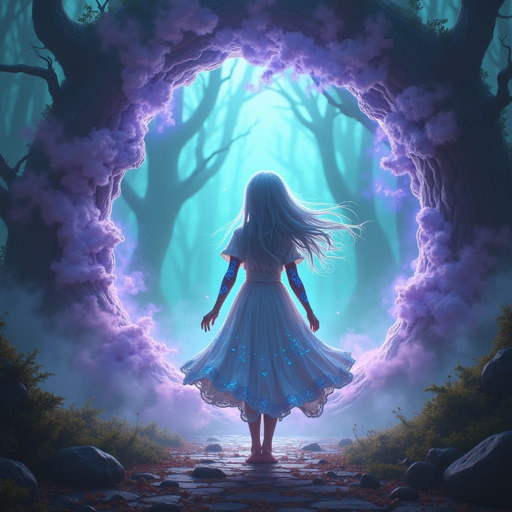 Girl Walks Through Shimmering Portal to Mystical Forest