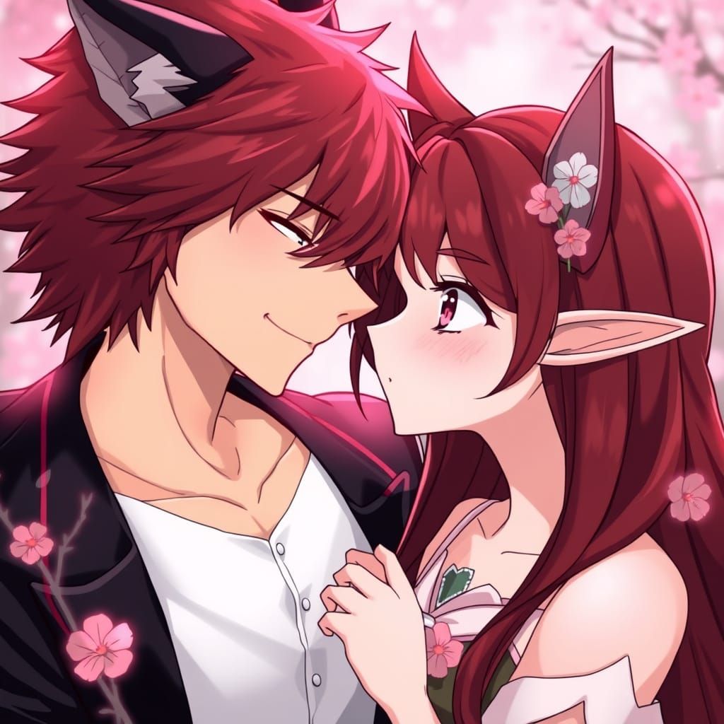 a large amont of colours, shy and mysteries couple the male a with werewolf ears and tail and black hair the female a bl...