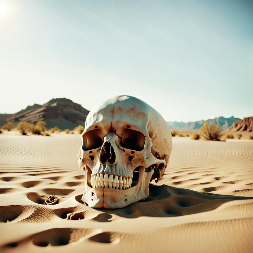 Sun-Bleached Skull and Skeleton in Desert Landscape