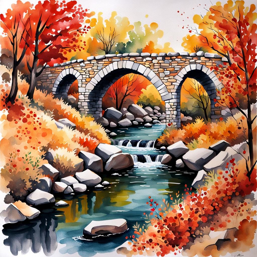 Un Pueblo otoñal, con pequeñas casitas, un río un puente, ar...
