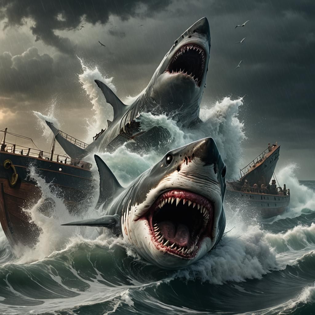 Great White Shark Breaching in Stormy Seas