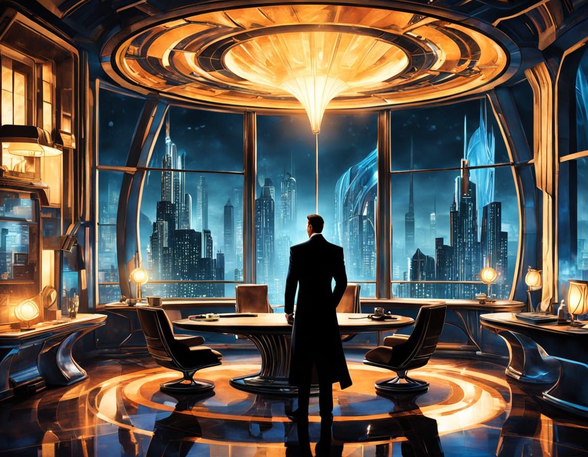 Art Deco Penthouse Secret Lair Overlooking Futuristic City