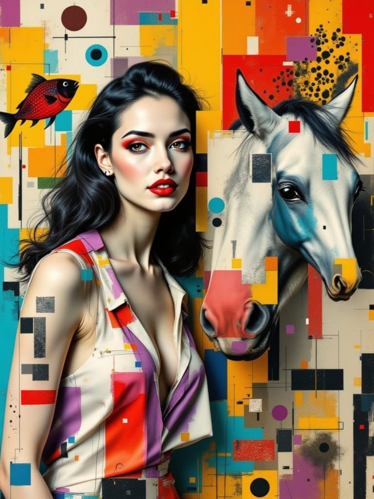 Surreal Woman & Horse with Geometric Fish in Picasso Basquia...