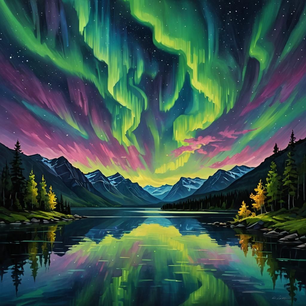 Aurora Borealis Impasto Painting Over Lakeside