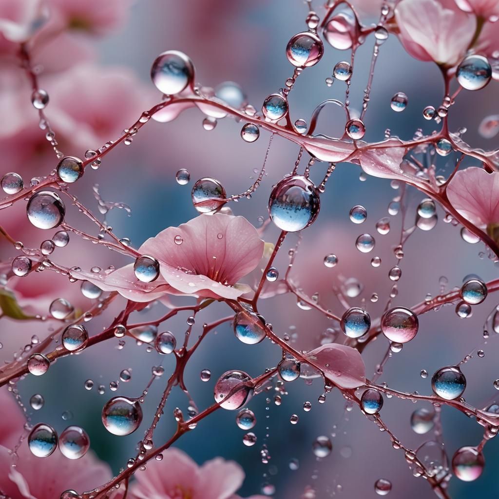 Pink Flower with Dew Drops in Abstract Style