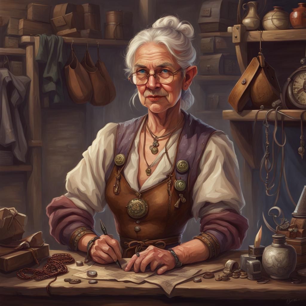 Fantasy Seamstress Shopkeeper Portrait in D&D Style