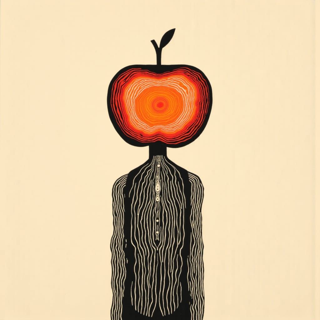 Minimalist Linocut Portrait with Apple Head